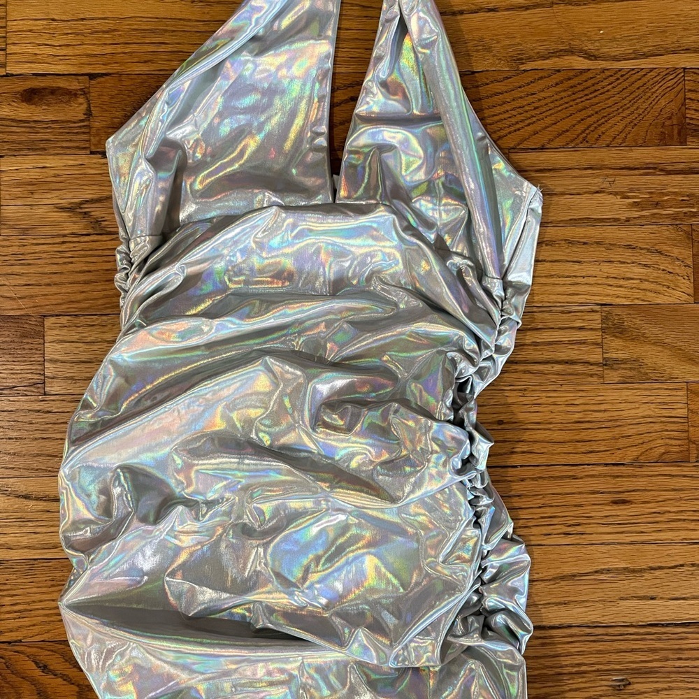Fashion Nova Silver Holographic Midi Dress - Picture 2 of 4